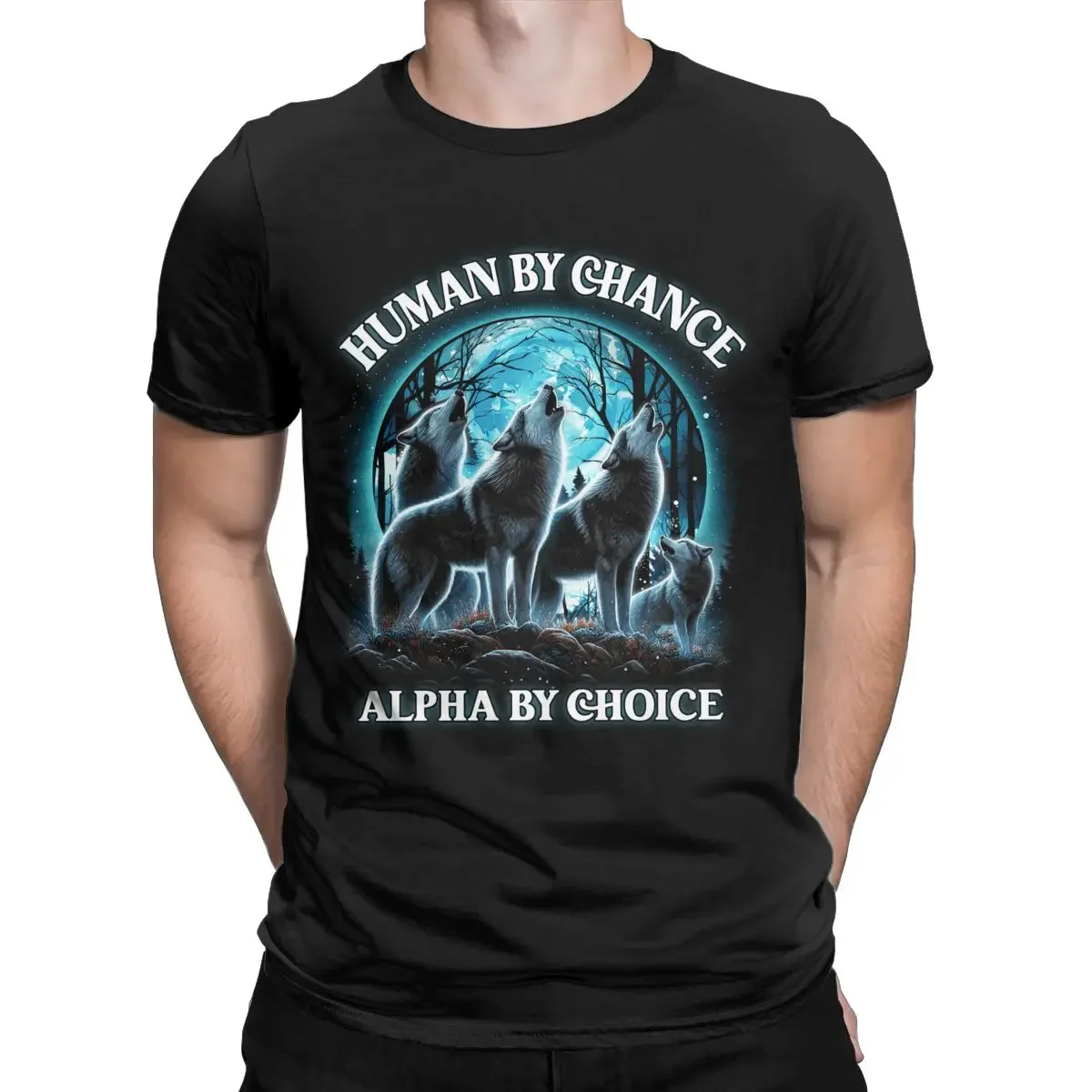Camisetas de algodão masculino gola O, Camisetas de manga curta, Roupas, Humano por Acaso por Escolha, Lobo Alfa Uivando T-Shirt, Gráfico