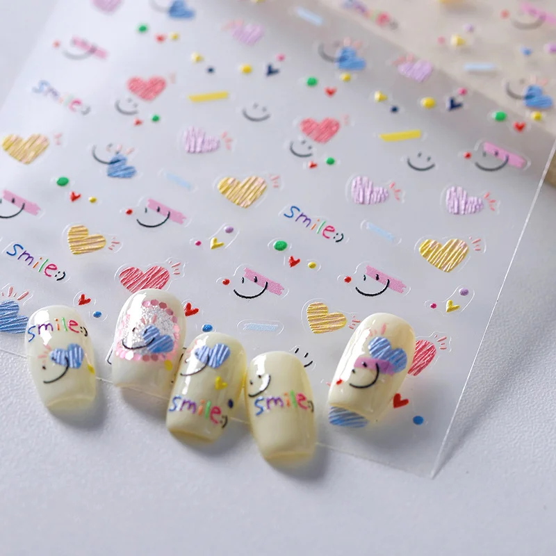 Adesivo per unghie manicure fai-da-te Adesivi sorriso Cuore Amore Orso Carino 3d Lettera in rilievo Arcobaleno Sorriso Decalcomanie Suggerimenti per la decorazione di nail art