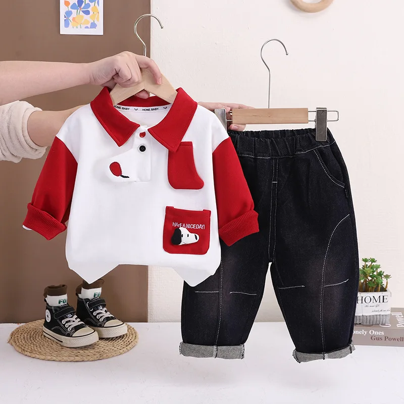 Toddler Baby Boys 2 Piece Outfit Spring Cute Cartoon Dog Print Polo Collar Sweatshirt + Denim Pants Set Kids Casual Clothes 0-5Y