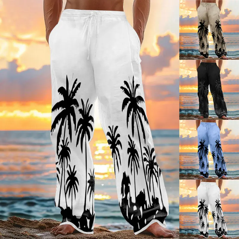 2024 New Spring and Autumn Men's Trousers Hawaiian Style Beach Coconut Print Casual Cotton Linen Loose Trousers Men's Clothing