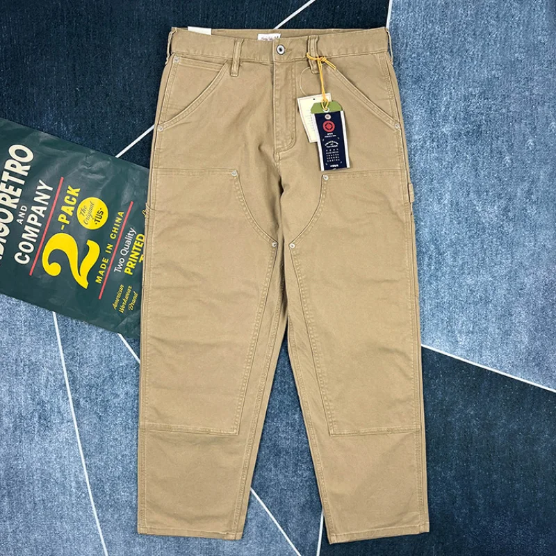 High Density 100% Cotton Logging Workwear Pants for Men Loose Straight Cargo Trousers American Casual Khaki Retro Autumn Outfit