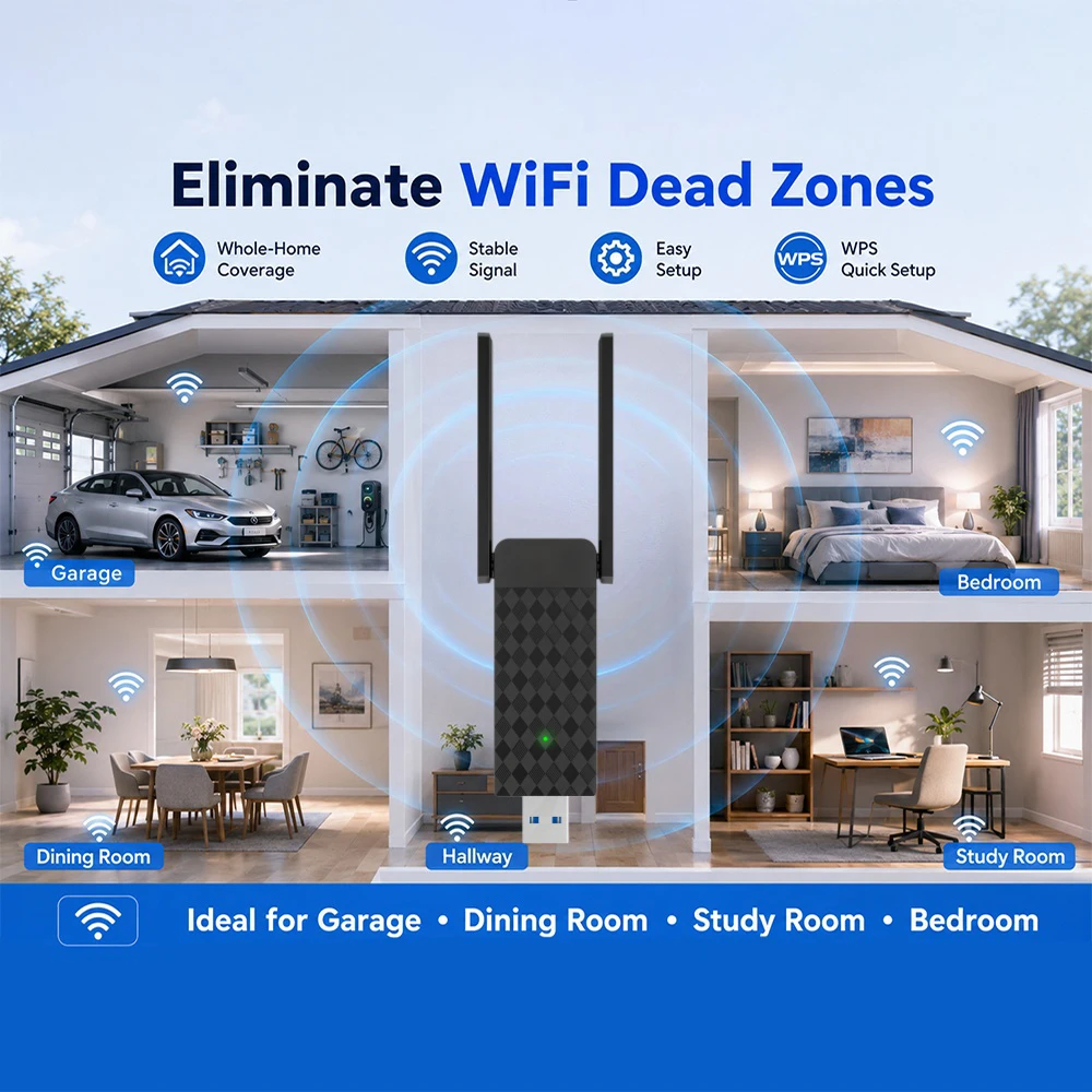Wireless Network Booster, USB Connect Single Band WiFi Adapter for Desktop Laptop PC, 2.4GHz 300Mbps USB WiFi Repeater