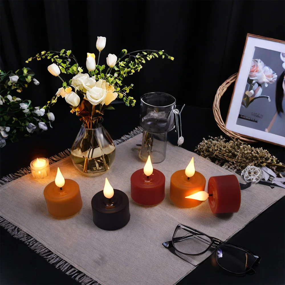 FPOO 6/12PCS LED Candle Electronic Use Charging Flameless Flicker Tealight Timed Remote Orange Black Candle Wholesale Decorative