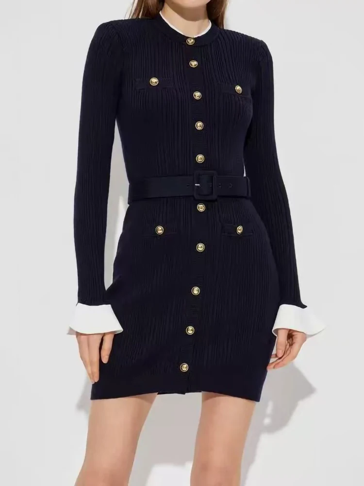 Robe française de couleur contrastée pour femme, élégante, col rond, simple boutonnage, Slim, enveloppée dans les hanches, Mini Robe avec ceinture, mode automne hiver