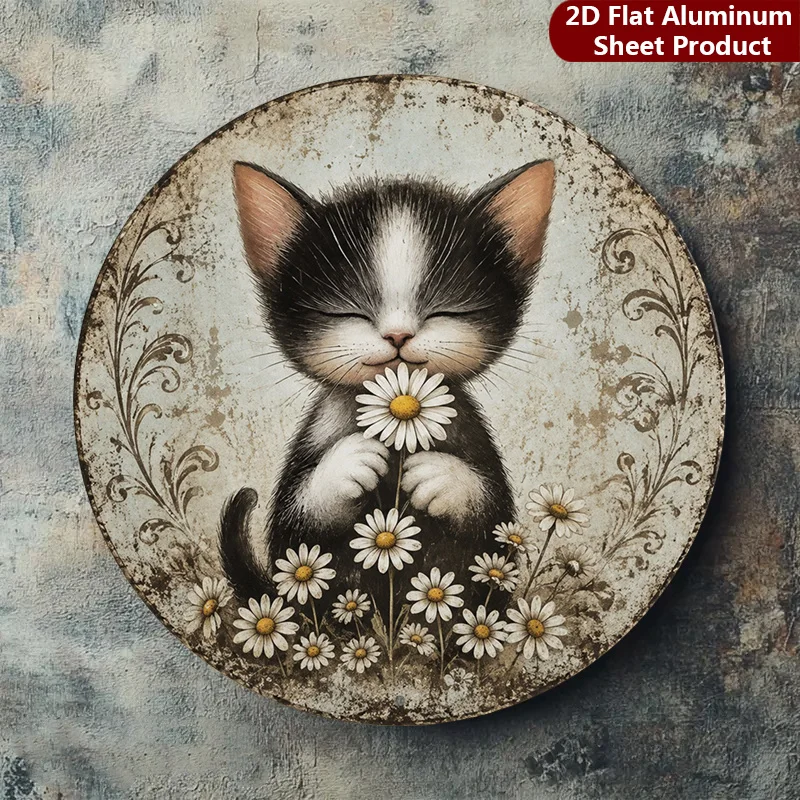2D Flat, 1pc,Cute Kitten Sign - 8X8 Inches,Daisy Flowers Metal Wall Decor,Whimsical Art Decorative Sign Suitable for Garage, Caf