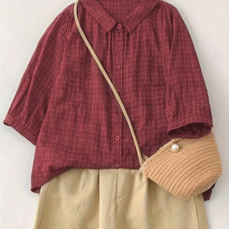 2025 Nuevo top a cuadros para mujer |   Estilo casual y de desplazamiento, puro algodón, solapa, recto con botones, versátil