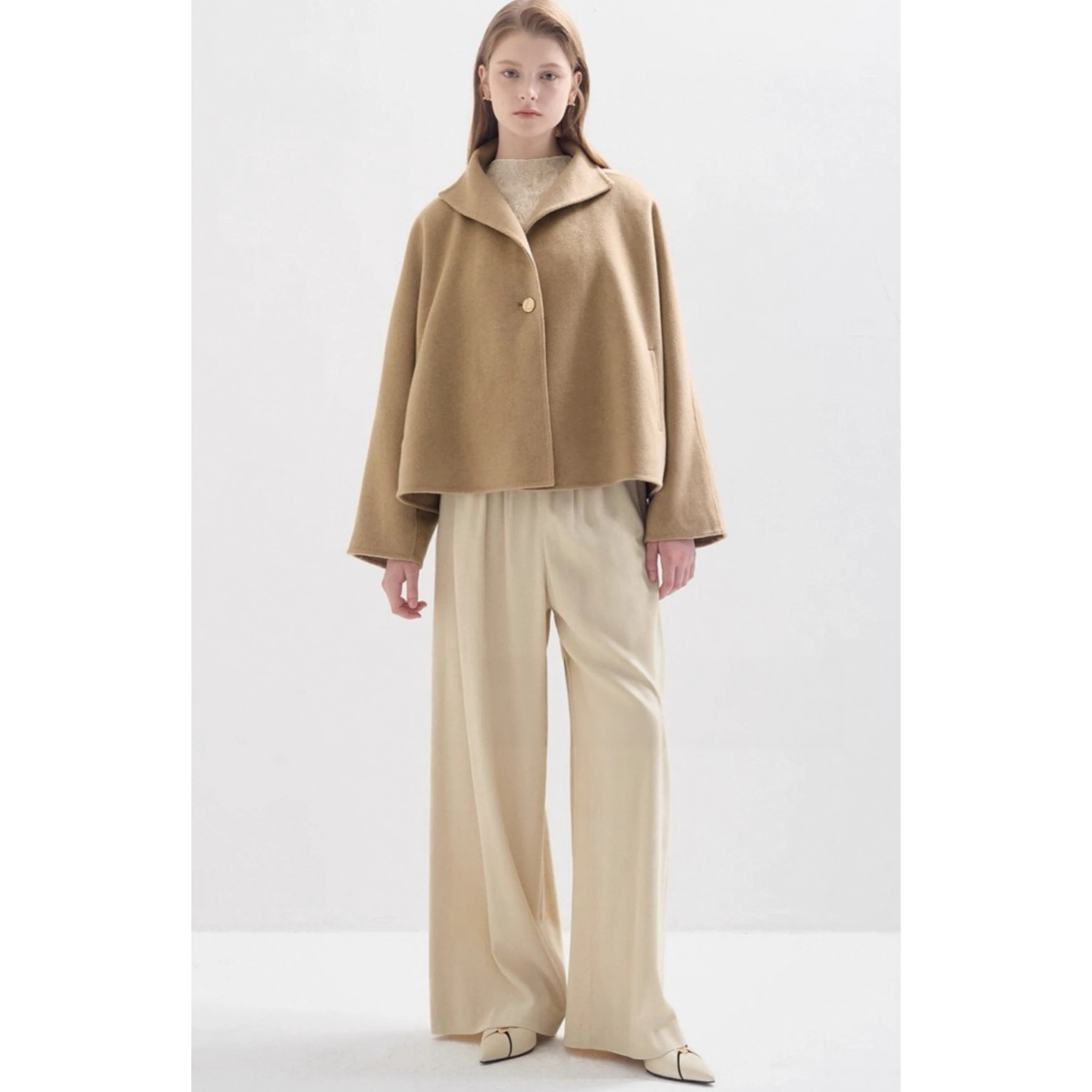 

Lemon Cheese LAN25 Autumn Double-Sided Hand-Stitched Camere ort Coat Loose Fit Stand Collar Split Design Ladies Jaet