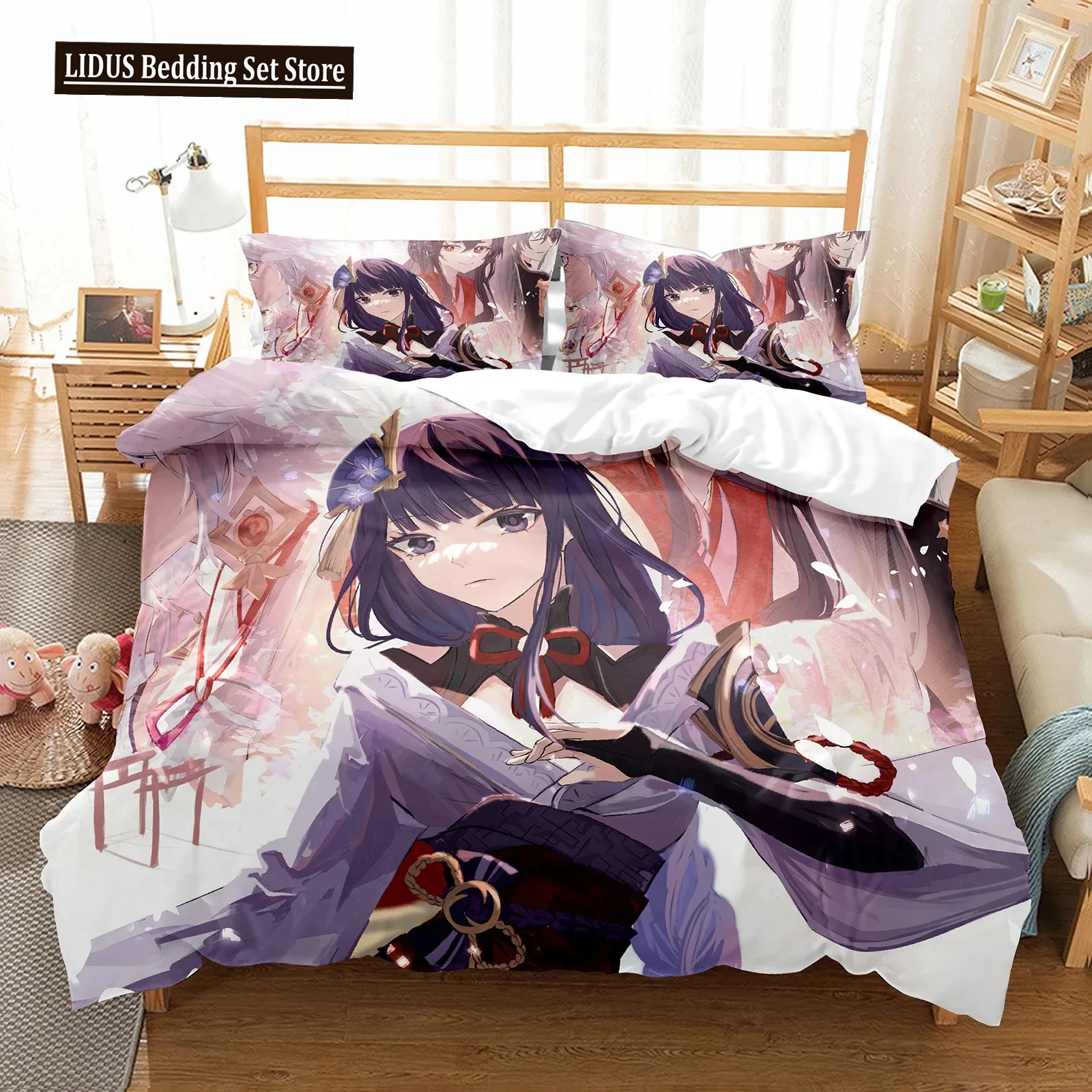 

Genshin Impact Raiden Shogun Pillowcase Bedding Bag Cartoon 3 Pcs Set Anime Customize Bedding Decoration Cute Quilt Cover