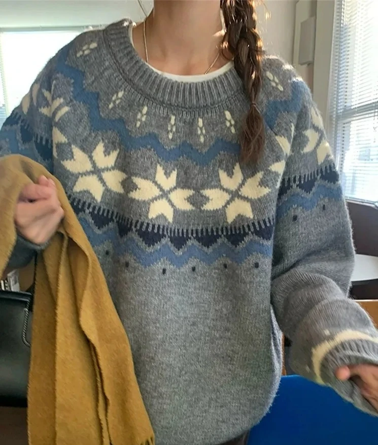 

New Autumn Winter Printing Pullovers Knitted Sweater Women Casual Loose Long Sleeve