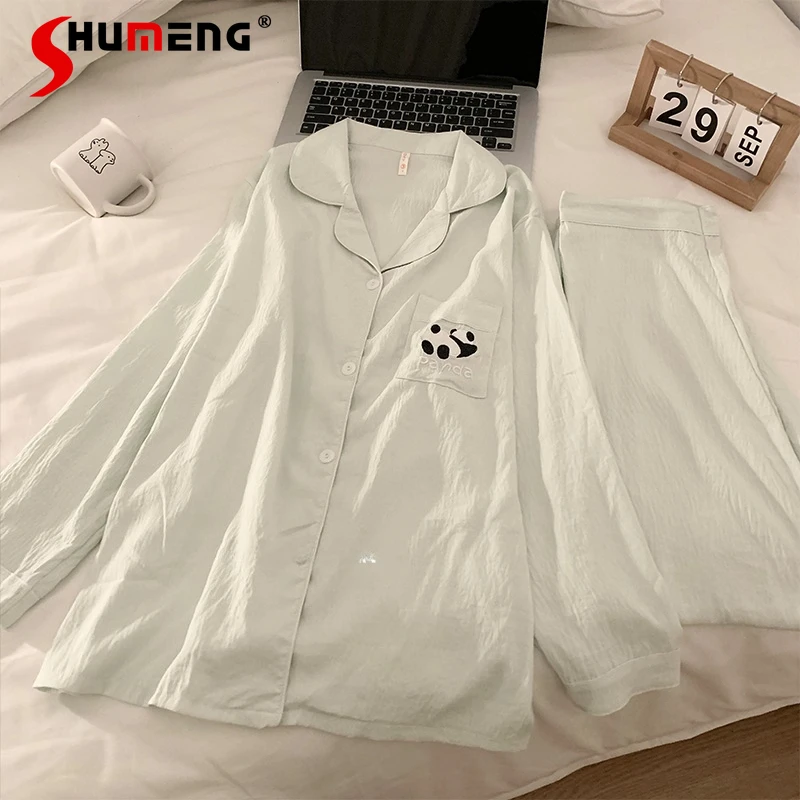 

Женские пижамы с вышивкой панды, весенне-осенние милые домашние костюмы с длинными рукавами, женский комплект японской домашней одежды из чистого хлопка