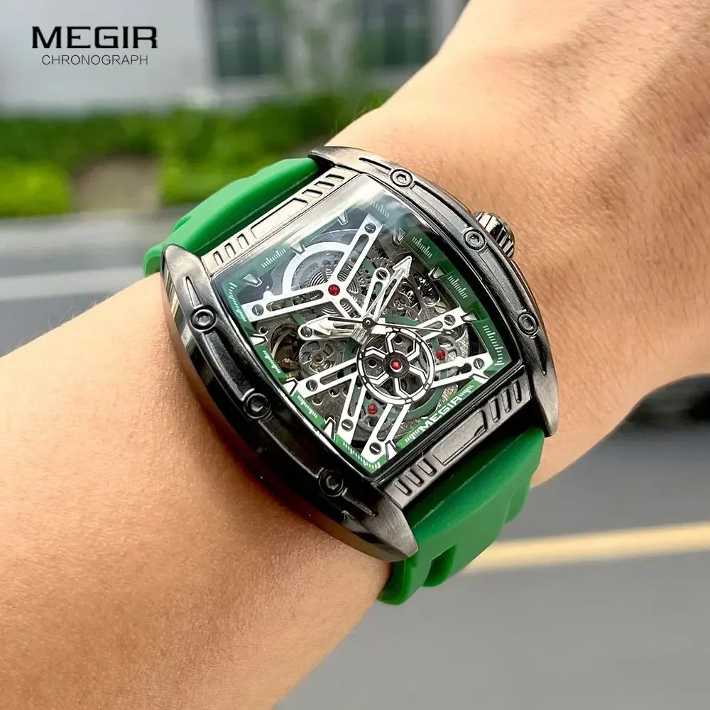 Reloj Mecánico MEGIR con correa de silicona verde a la moda para hombre, reloj de pulsera automático analógico resistente al agua deportivo militar con esfera Tonneau