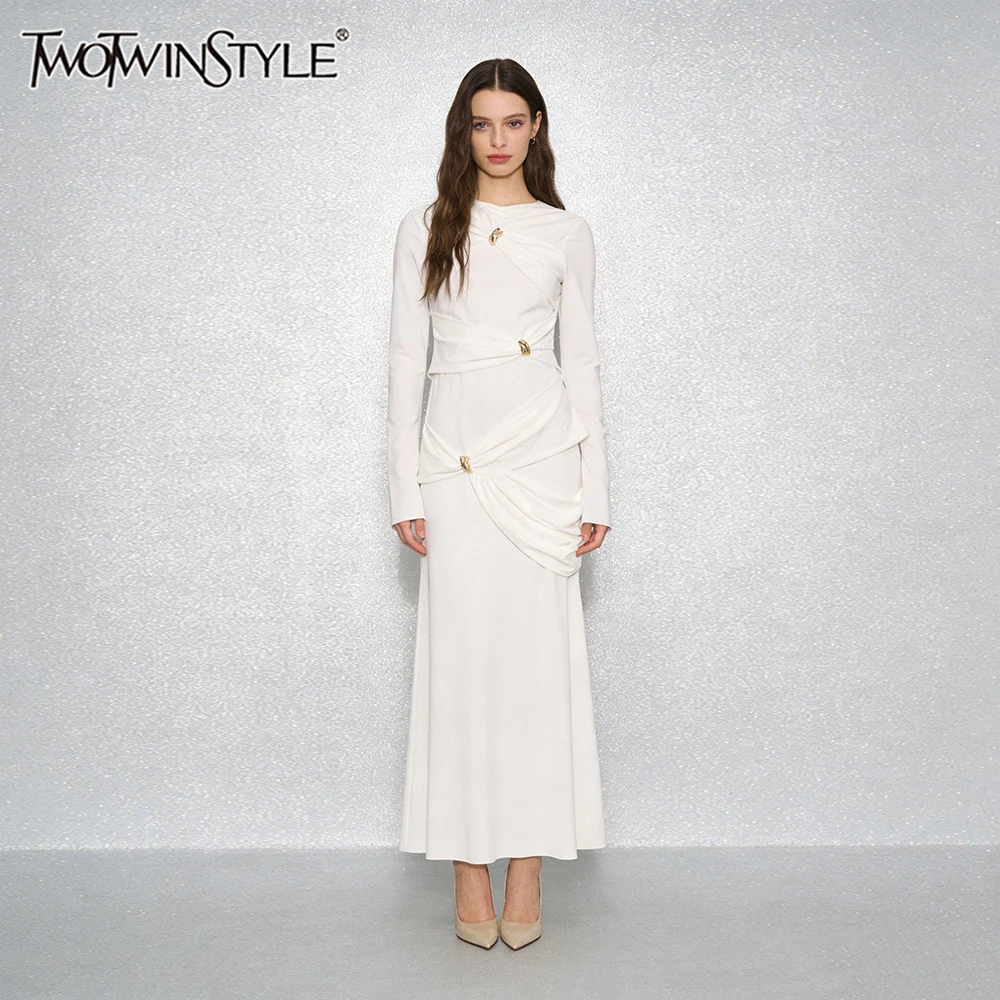 TWOTWINSTYLE Minimalist Brand Events Maxi Dresses for Women O Slimming Long Sleeve Twist Design Draped Fabric for Luxury Wedding