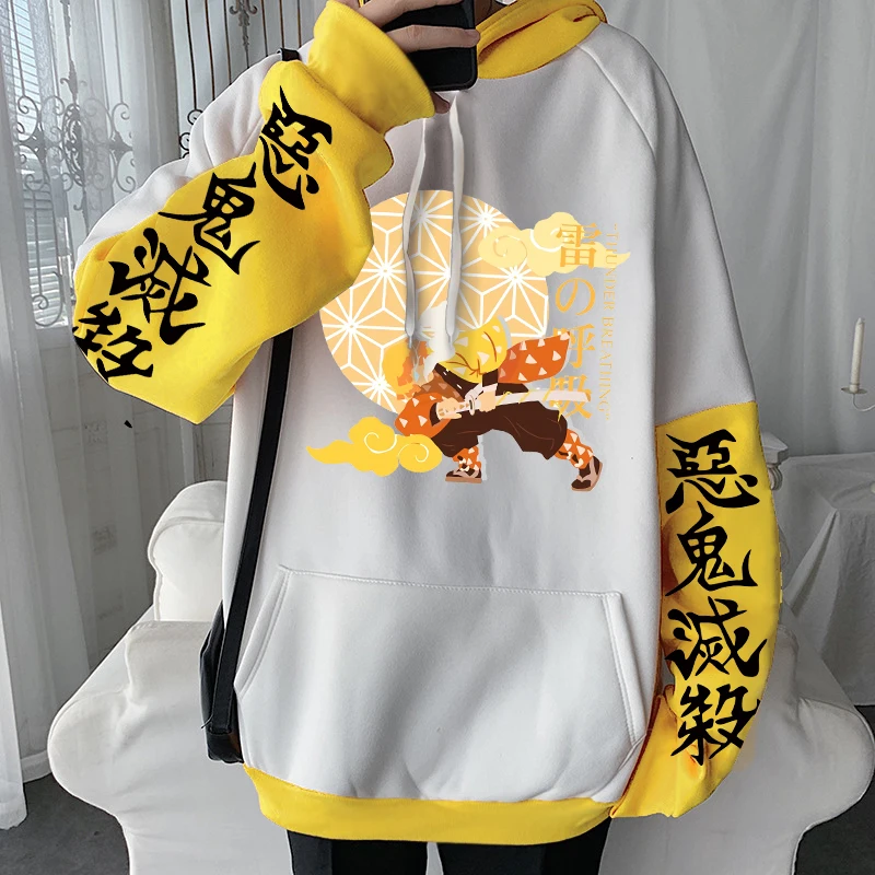 Demon Slayer Zenitsu Agatsuma Anime bluza z kapturem z długim rękawem bluza męska Harajuku Plus Size Kimetsu no Yaiba Manga