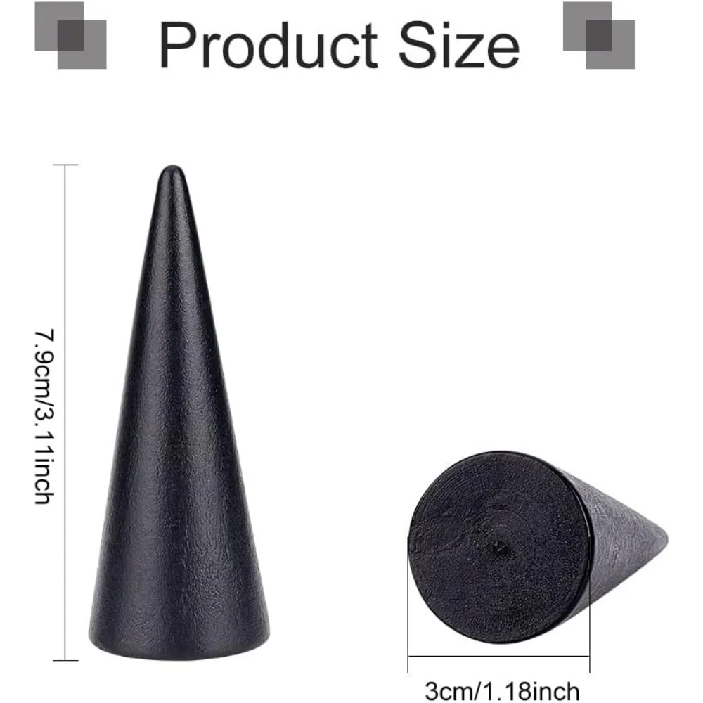 12 Pcs Wood Black Cone Ring Holder Wooden Finger Ring Display Stands 3x7.9cm/1.18x3.11inch Cone Shape Ring Displays Jewelry