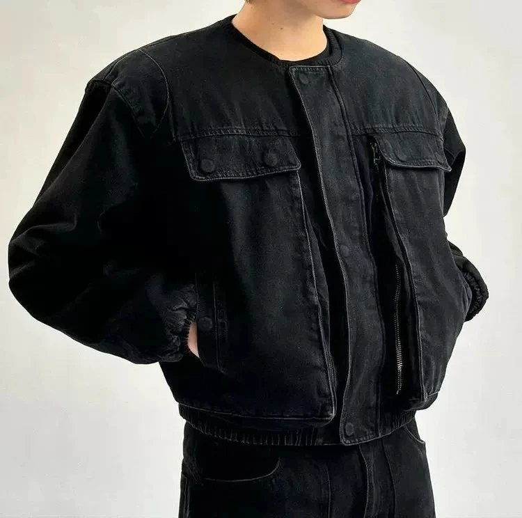 

No Faith Studios Metal buckle zip shoulder padded detachable denim flight bomber cotton jacket