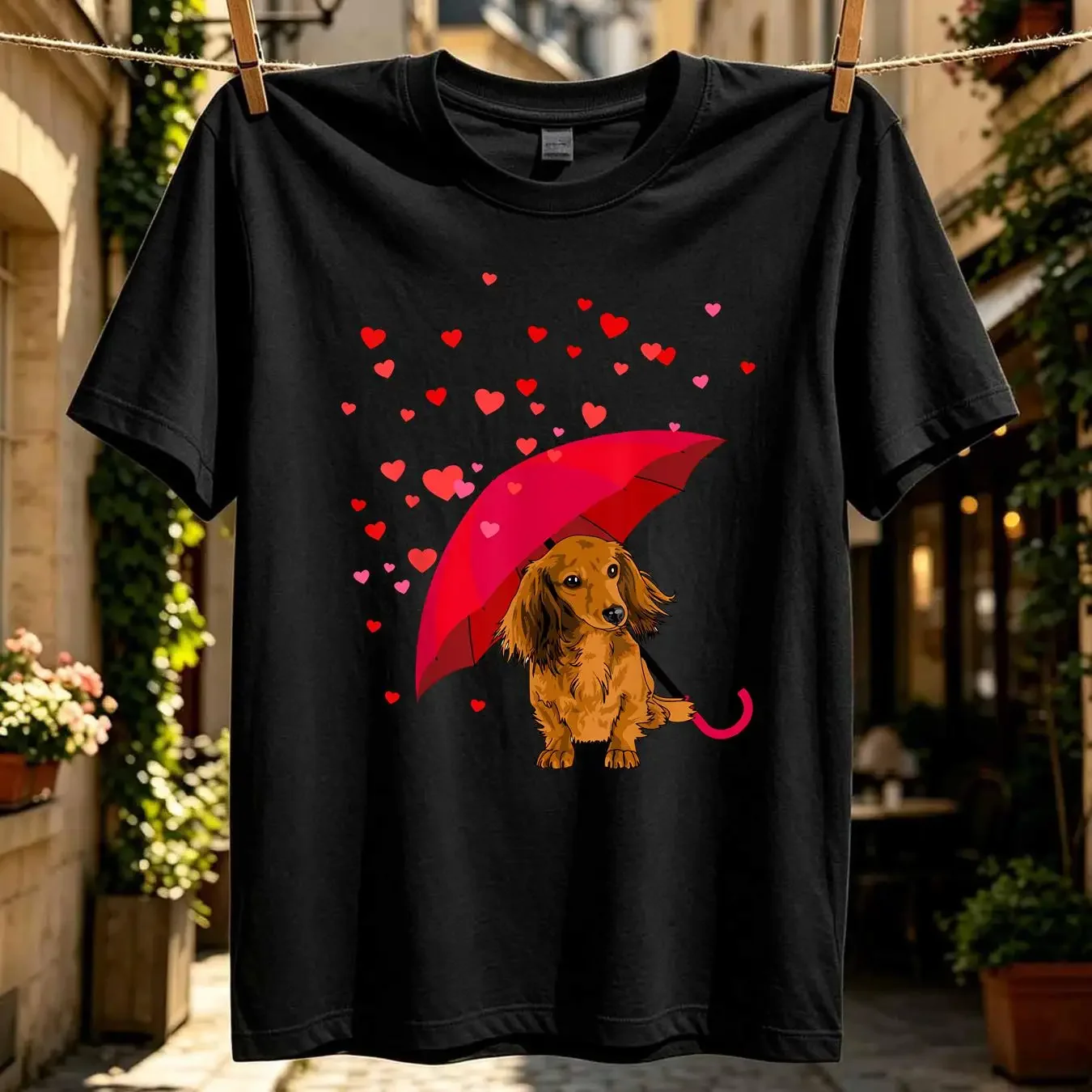 washed T Shirt Long Hair Dachshund Raining Hearts Valentine's Day Collaboration Backpack Large Capacity Cute Foldable Clothes