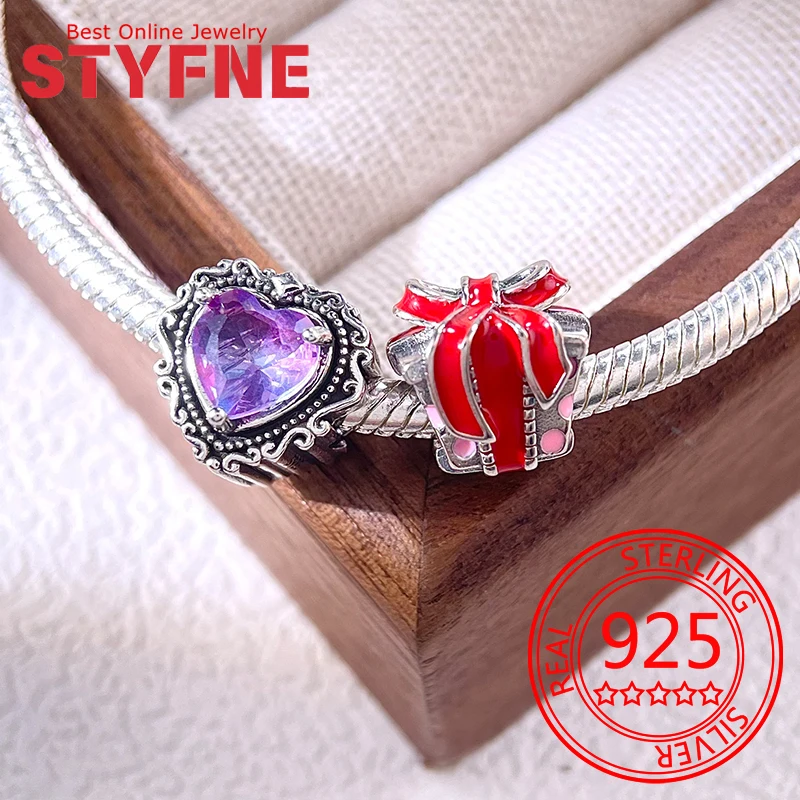 

925 Sterling Silver Pink Heart Gift Charm Beads Fit Bracelet Necklace Accessories Beads Jewelry Making Fine Jewelry Gifts