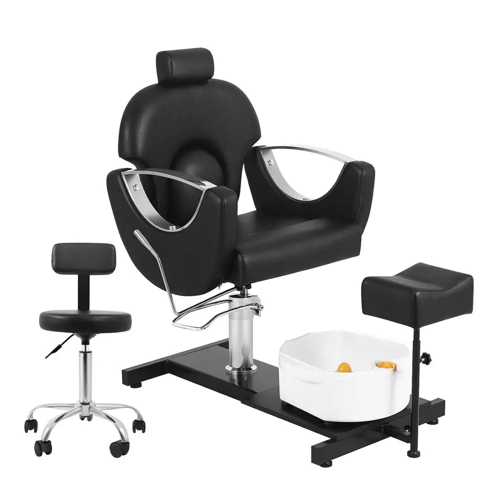 Hydraulic Adjustable Height Pedicure Chair with Stool and Massage Foot Bath, Black and Silver