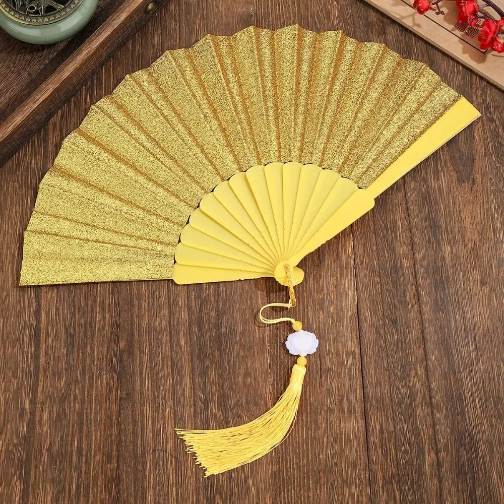 Elegant Plastic Gold Powder Fan Colorful Tassels Folding Fan Chinese Style Handheld Fan Home Decoration