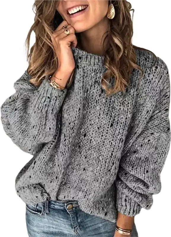 Sweter damski zimowy, luźny sweter z okrągłym dekoltem, ciepły, jednolity kolor, dzianinowy, uniwersalny sweter na imprezę i na co dzień.