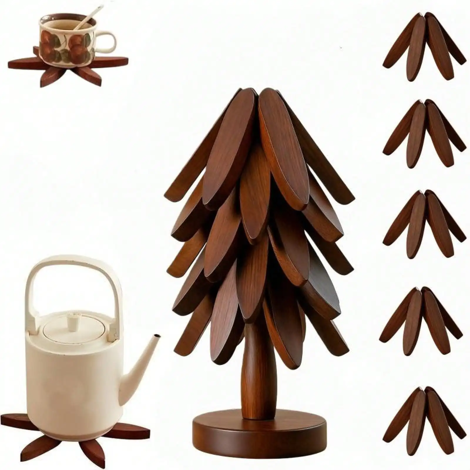 Foldable Heat-Resistant Tree Trivet Set -8 Wooden Trivets & 1 Stand Heat Multipurpose Resistant Foldable Design - Kitchenware Tableware Coasters Durable High-Quality Solid Wood Ideal For Hot Dishes, Pots, Bowls, Teapots Kitchen Decorative Placemat