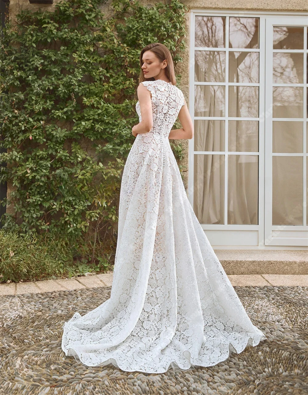 فساتين زفاف نسائية عالية الجودة بياقة دائرية مزينة بالدانتيل فساتين زفاف مأدبة Vestidos De Novias طول الأرض حسب الطلب #2