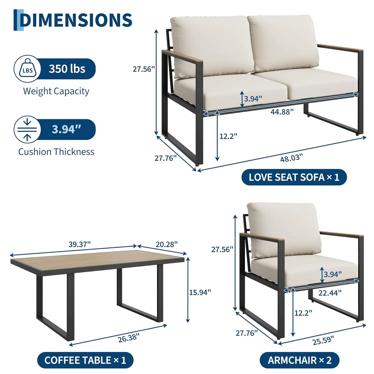 Aluminum Outdoor Sectional Sofa Set With Coffee Table, Patio Furniture For Porch Poolside Deck, Washable Cushions, Customized