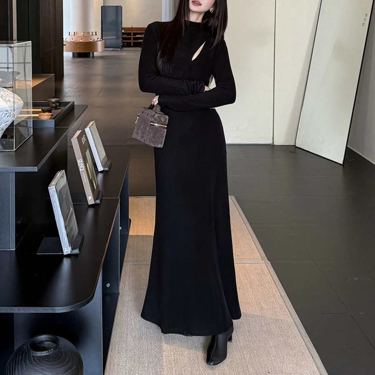 KWTX 2025 nuevo vestido de fiesta elegante Vintage de manga larga Maxi cuello redondo doble botonadura corte Casual sólido Otoño Invierno