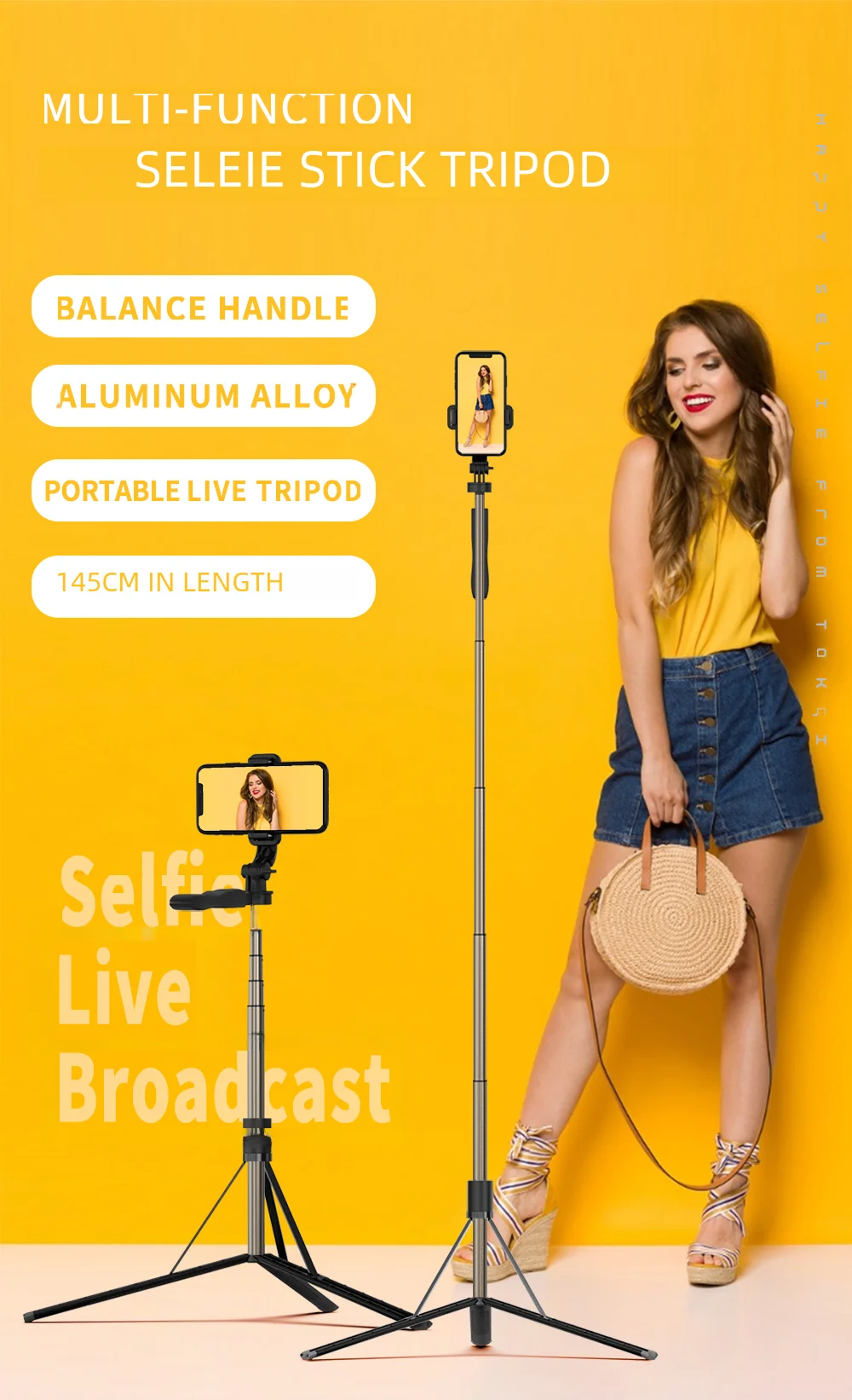 Mobile Selfie Stick Tripod Mount, Integrated Wireless Features for iPhone, Samsung and Smartphones, Black, 60\