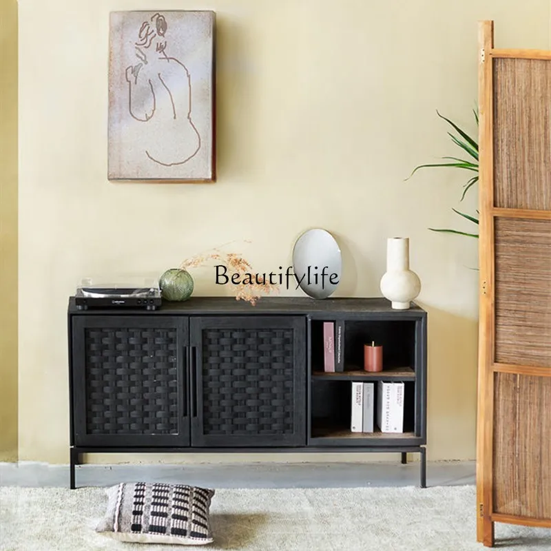 

Medieval wabi-sabi wind minimalist solid wood storage cabinet Italian simple pure hand-woven rattan dining side cabinet