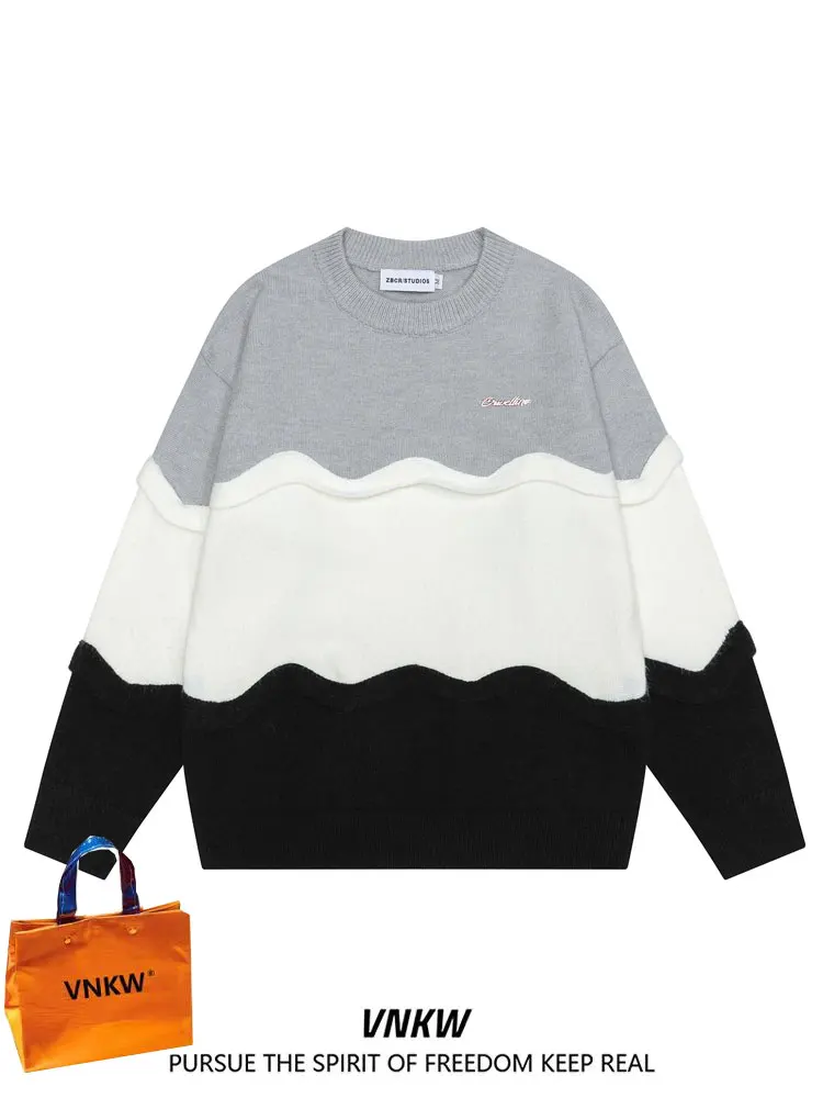 

Ретро американский дизайн, цветной полосатый круглый свитер Ne, мужской свободный универсальный вязаный свободный верхняя одежда для пар, женская