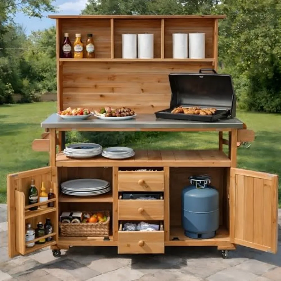 65''H Large Garden Storage Potting Bench with Lockable Wheels, Wood Outdoor Kitchen Island with Stainless Steel top, Drawers, D