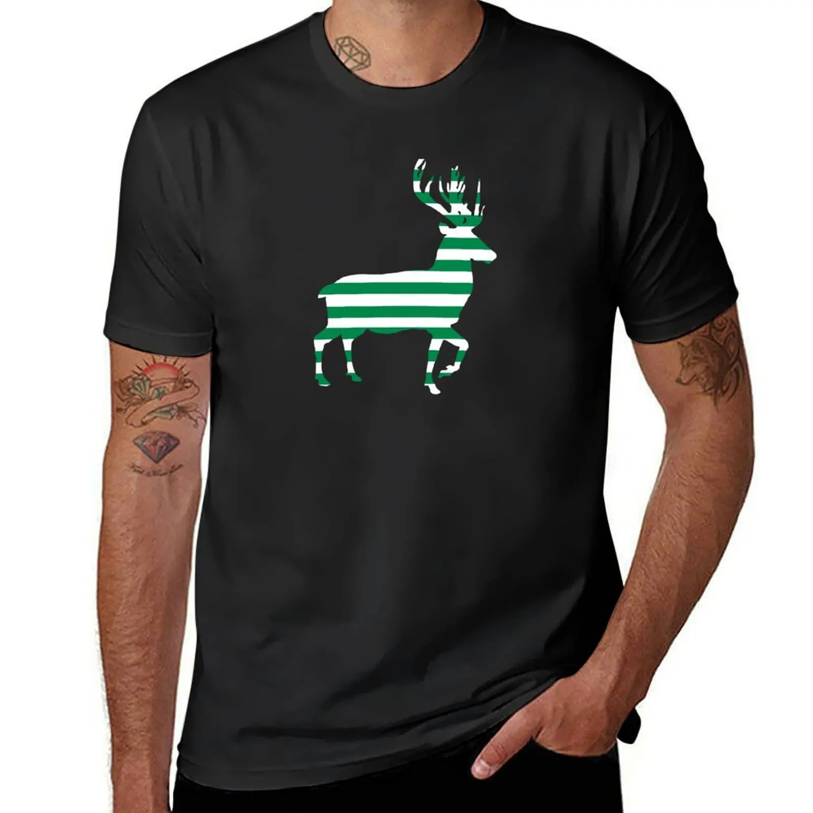 

Glasgow Celtic Football Club Green and White Hooped Stag Silhouette T-Shirt for a boy vintage summer clothes men t shirt