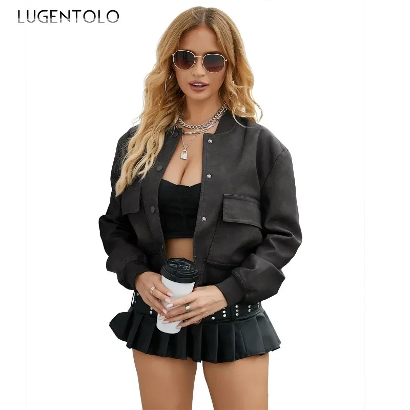 Women PU Coat Fall 2024 Soft Faux Leather Baseball Bomber Jacket Fashion Single Breasted Double Pocket Cropped Cardigan Tops