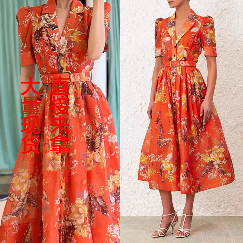 

2025 Australia Print Blazer Collar Short Sleeve Dress With Belt Midi Dress