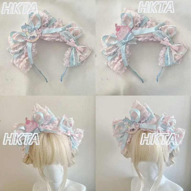 

Заколка для волос ручной работы в стиле Лолита: милый розово-голубой бант-кекс, аксессуар для волос для девочек Лолита
