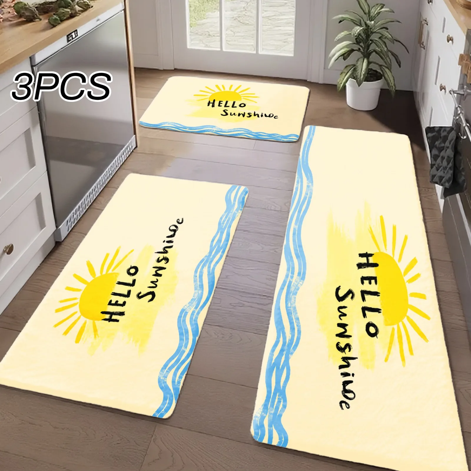 3PCS Kitchen Rugs,Home Decoration for Front Door, Kitchen, Bathroom, Hello Sunshine Sun Pattern Blue Wave Border Dining Mat