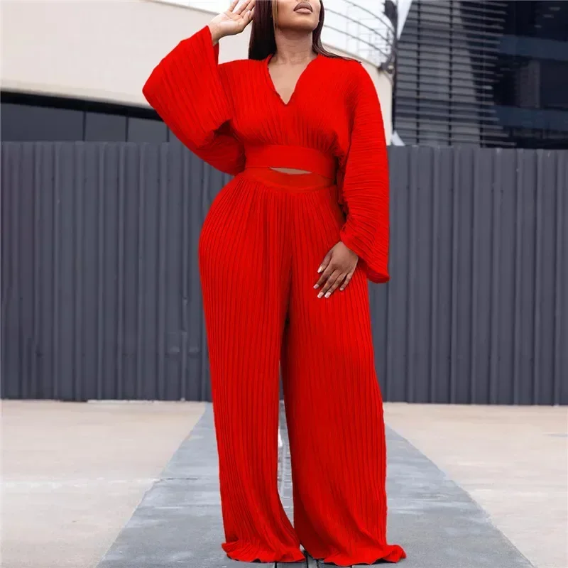 Africa Fashion Women 2pc Long Pants Sets Long Sleeve Pleated V-neck Top&high Waist Wide Leg Pants 2 Piece Sets Loose Suits