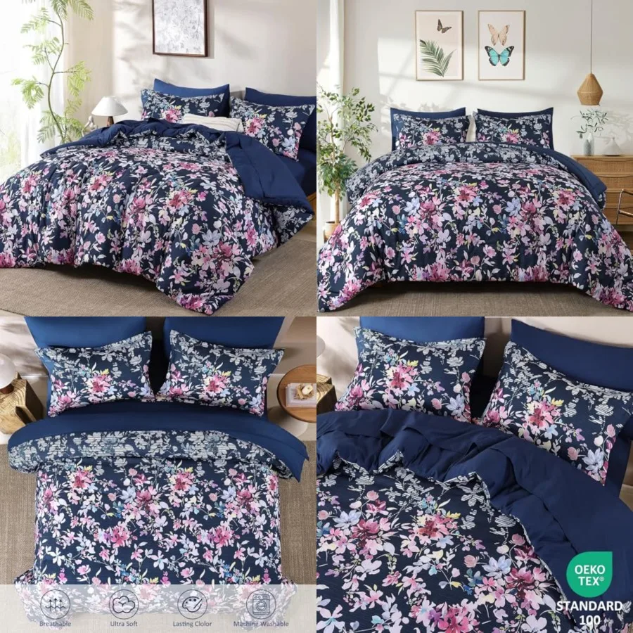 Comforter Set Size, 7 Pcs Floral Bedding Comforter Sets, Bed in a Bag Botanical Flower Pattern with Sheets, Pillowcases and Sha