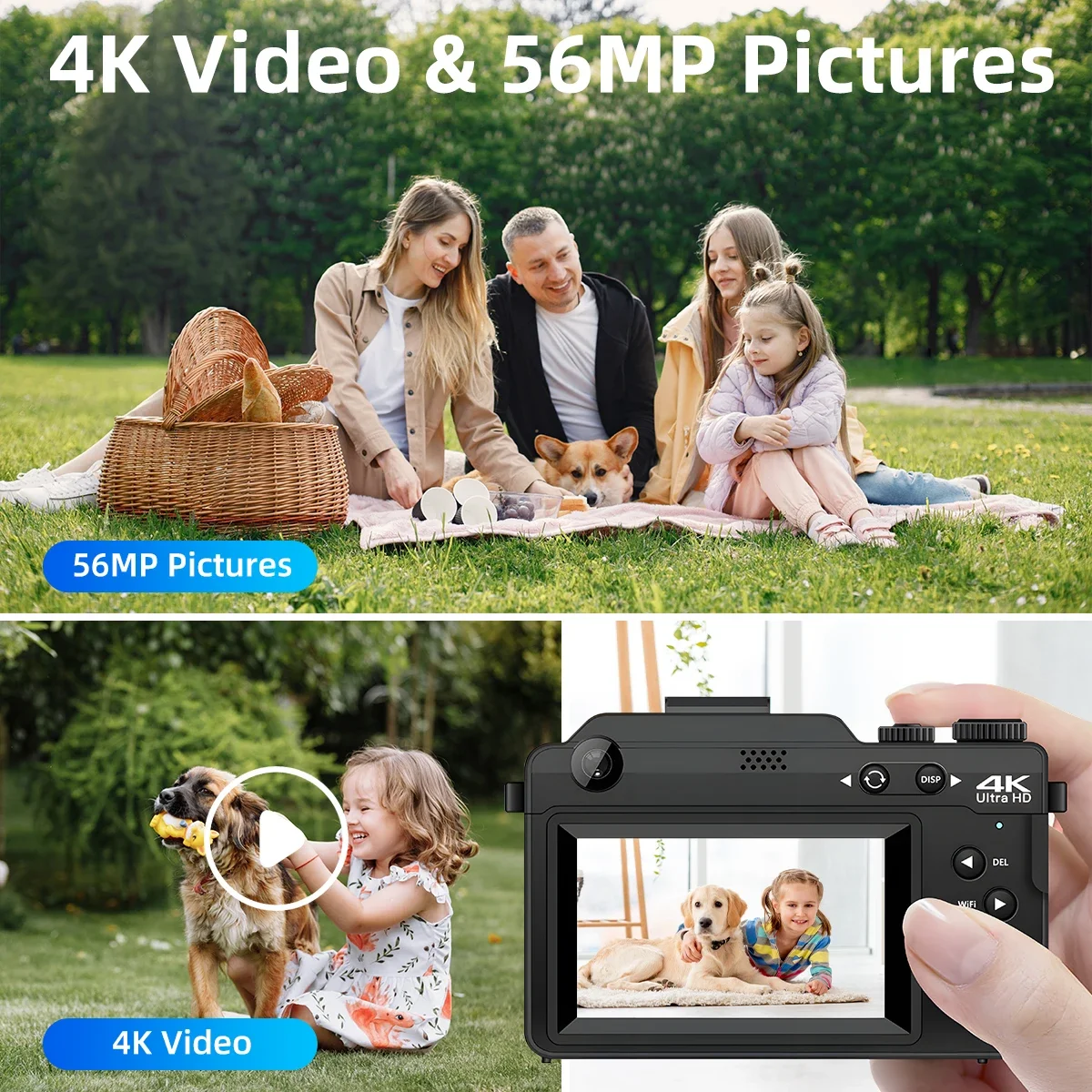 4K Vlog Photo Digital Camera Camcorder 56MP 3'' IPS Screen WiFi Digital Camera Recorder  for YouTube Vlogging