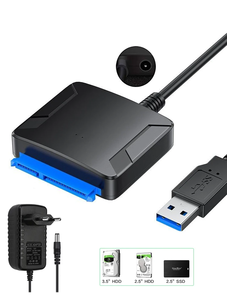 USB 3.0 to SATA Cable SATA III Hard Drive Adapter Converter for 2.5" 3.5" SSD HDD Hard Drive Disk with 12V/2A Power Adapter