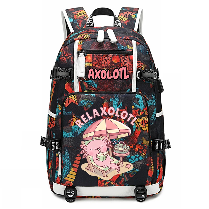 Cute Axolotl printed student schoolbag youth backpack large capacity travel bag kids back to school gift