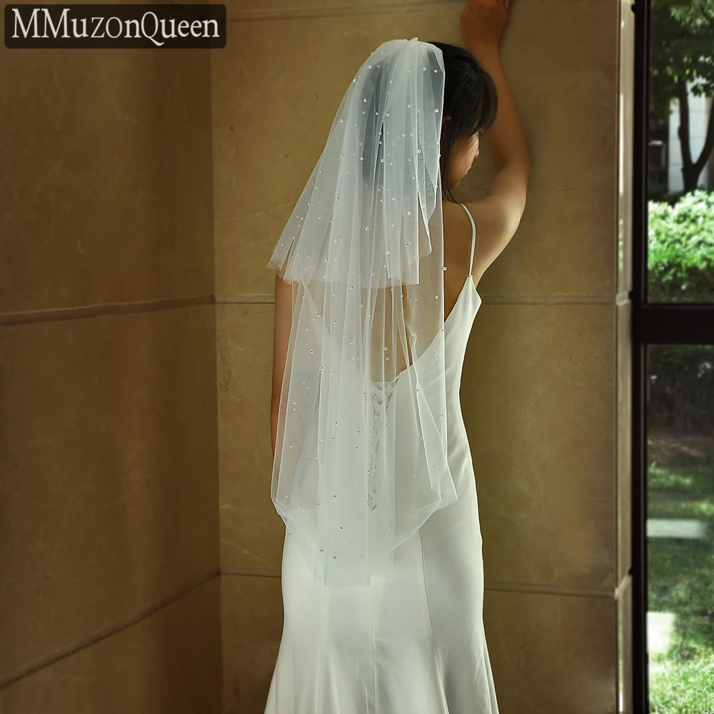 MMQ Classic White Pearl Bridal Veil 2-Layer Indoor Wedding Accessory Refers To Long Soft Tulle Women's Wedding Dress  M08