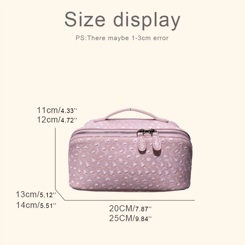 Customize Initials Leather Ostrich Pattern Travel Pillow Makeup Bag For Women Luxury Designer Handbag 2026 New Cowhide Organizer