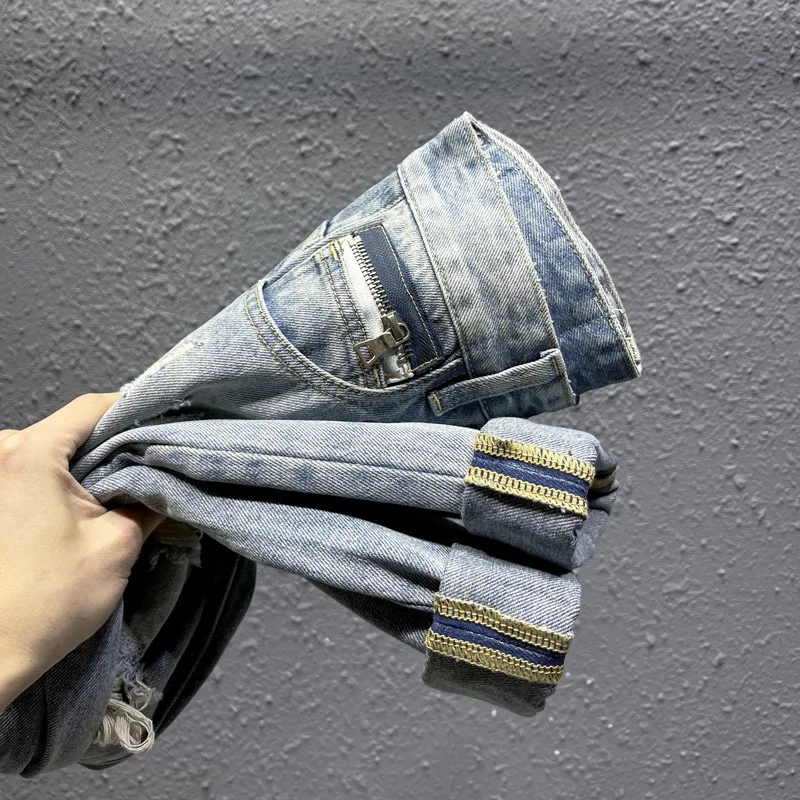 2024 baru robek trendi celana potong Pria Musim Semi dan musim panas jalan pasang merek Washed-out antik Jeans biru tertekan