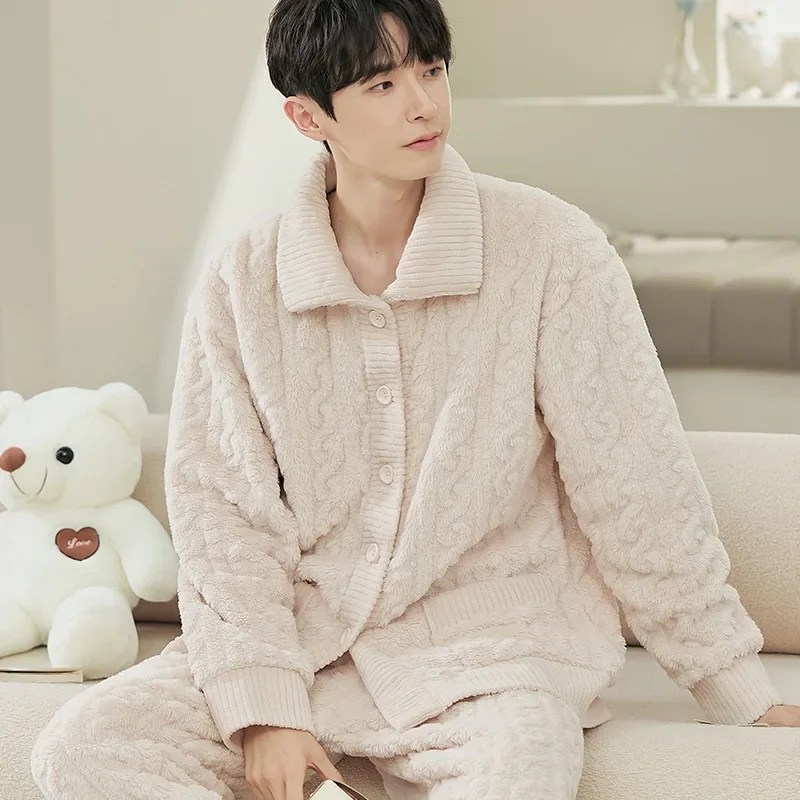 

1Set quality Pajamas Men Winter Can Wear Long Sleeve Cardigan Pajamas Coral Velvet Pajamas Thick Homewear Comfortable Warmth