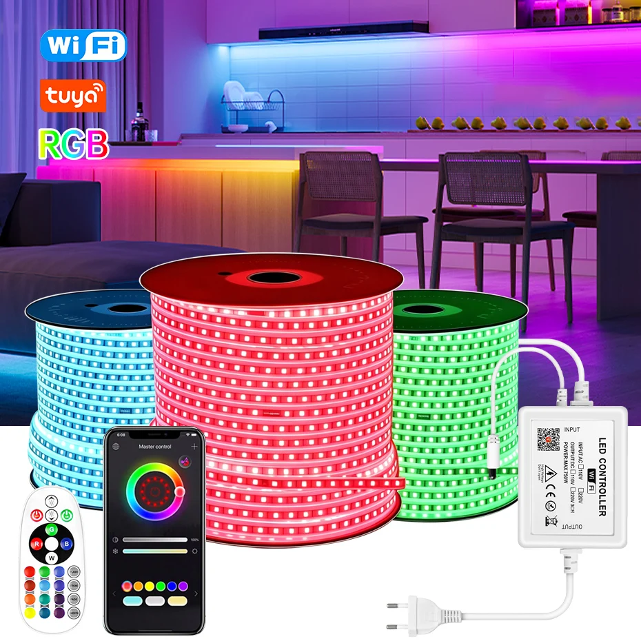 5050 SMD RGB LED Light Strip With EU Plug Remote/Bluetooth/Tuya Wifi Control 60LEDs/M 1M-50M Flexible IP65 Home Decor
