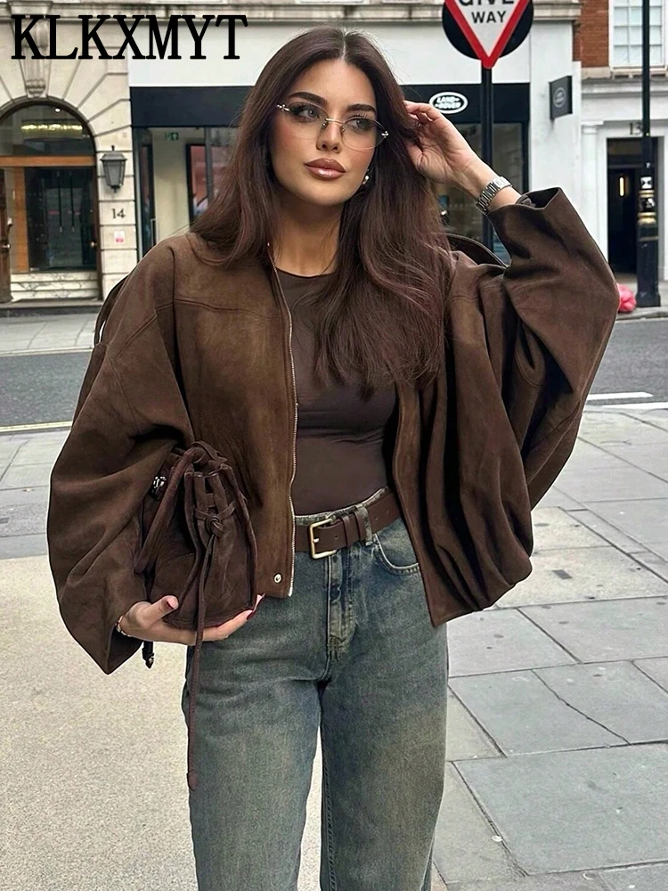 Damen-Wildlederjacke 2026 Neue Herbstmode Langarm-Reißverschluss-Oversize-Bomberjacke für Damen High-Street-Freizeitmantel