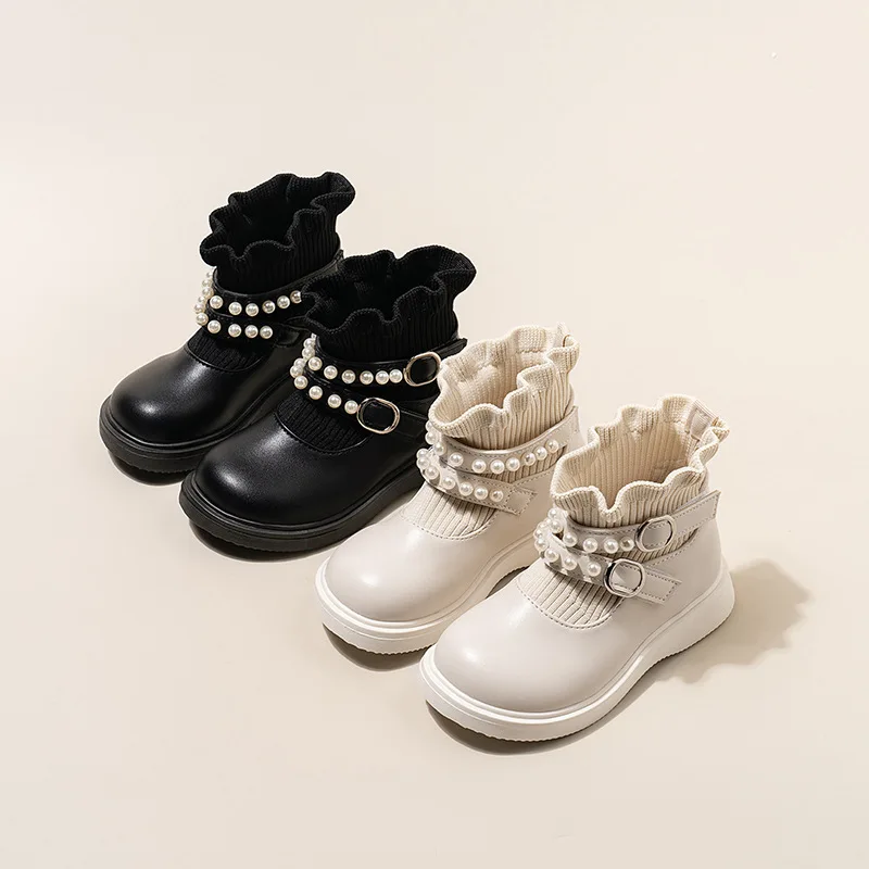 2026 Girl's Short Boots Ankle-High Beading Autumn Fly-Woven Kids Sock Boot Wedges Flexiable Sweet Slip-on Toddler Children Boot