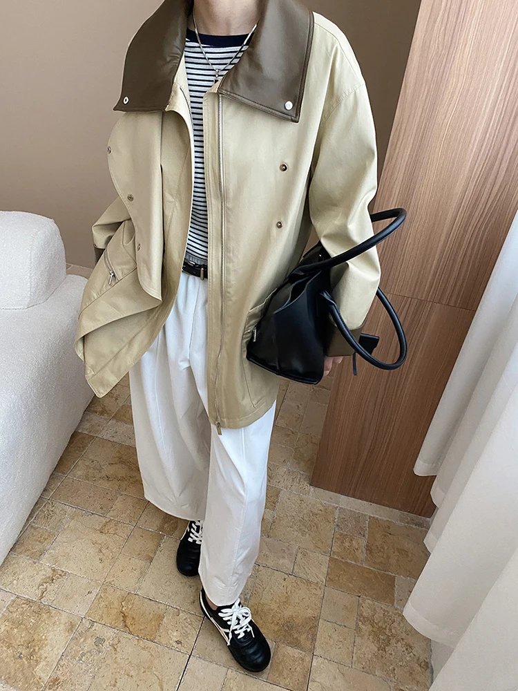 Płaszcz damski FANAN, designerski trencz z kieszeniami na plecach, paskiem, marszczeniem w talii, kontrastowymi wstawkami, dopasowany krój, wiatroodporny, nowość na jesień 2025.